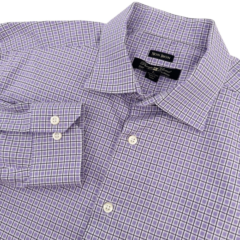 Pronto Uomo Dress Shirt Mens L Purple Plaid Non Iron Long Sleeve Cotton Classic